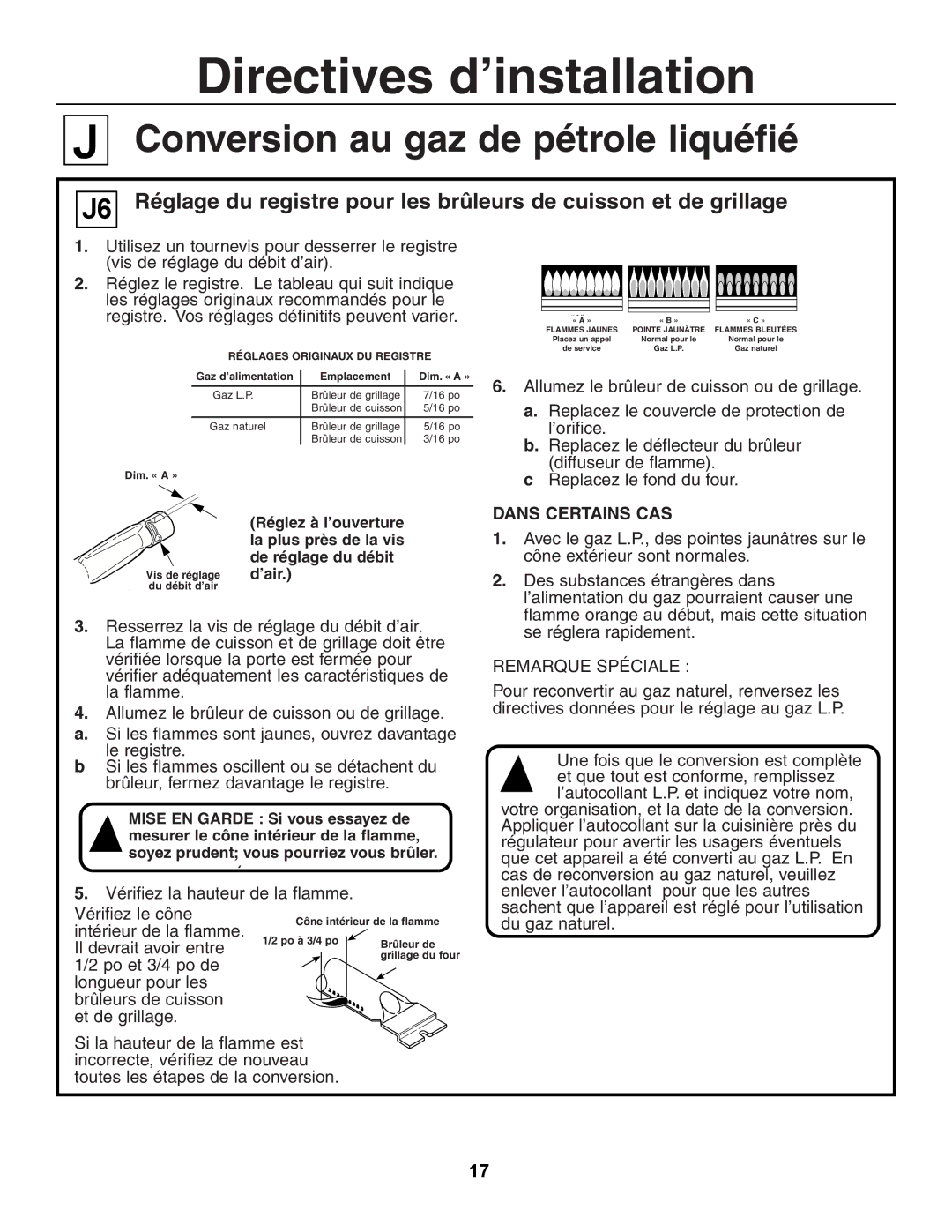 GE JGSP44, JGSP23 manual Vérifiez la hauteur de la flamme, Réglages Originaux DU Registre 