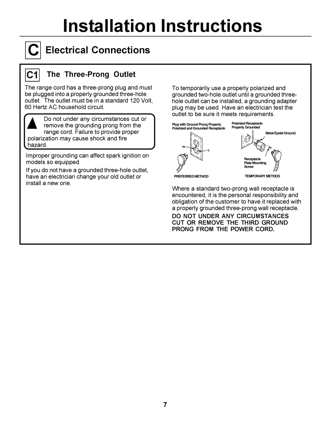 GE JGSP23, JGSP44 manual Electrical Connections, Three-Prong Outlet 