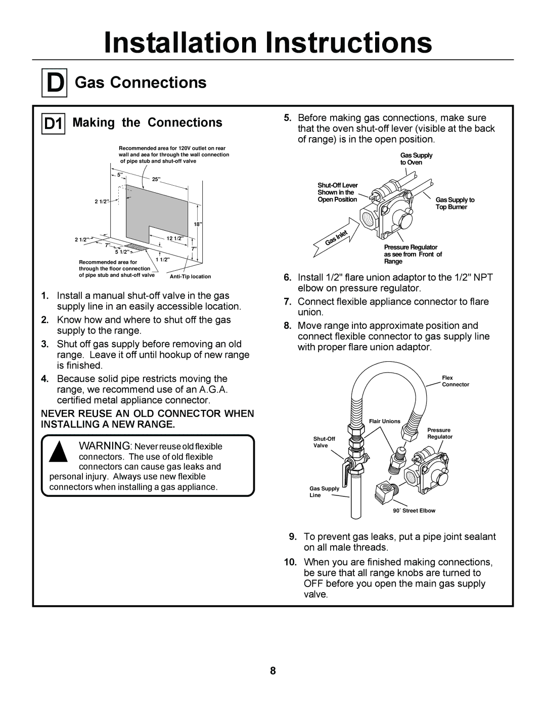 GE JGSP44, JGSP23 manual Gas Connections, D1 Making the Connections 