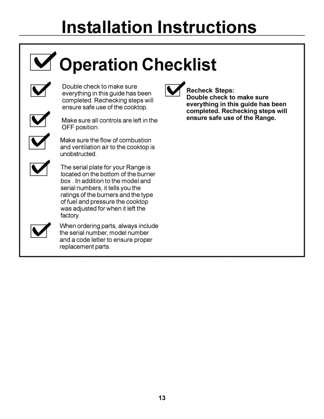 GE JGSP23, JGSP44 manual Installation Instructions Operation Checklist, Recheck Steps 