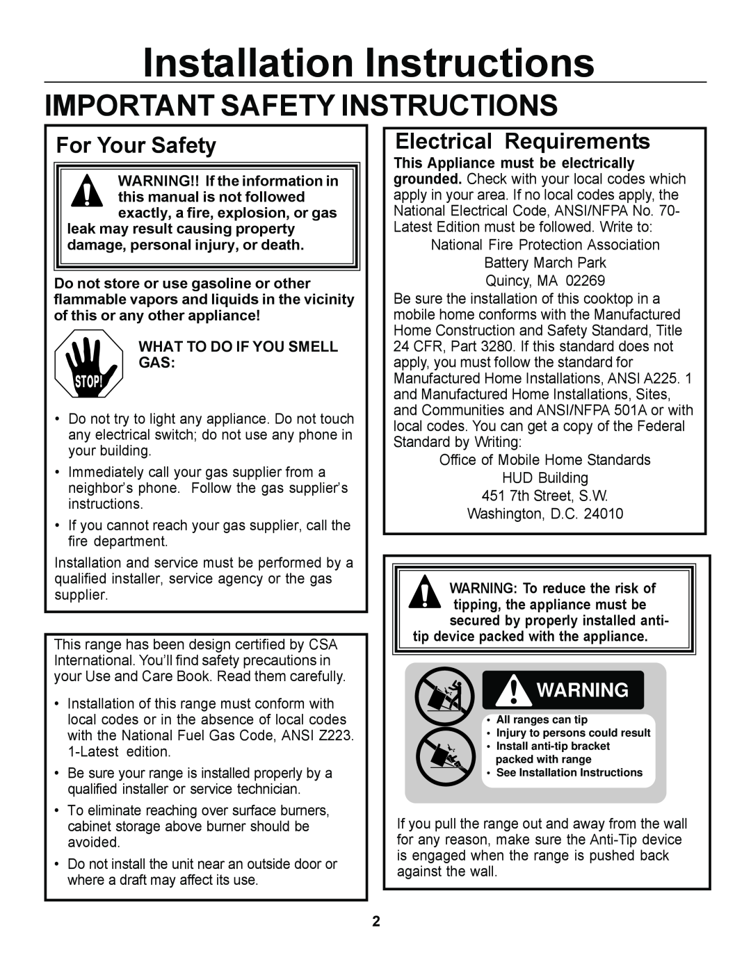 GE JGSP44, JGSP23 Installation Instructions, Important Safety Instructions, For Your Safety, Electrical Requirements, Stop 