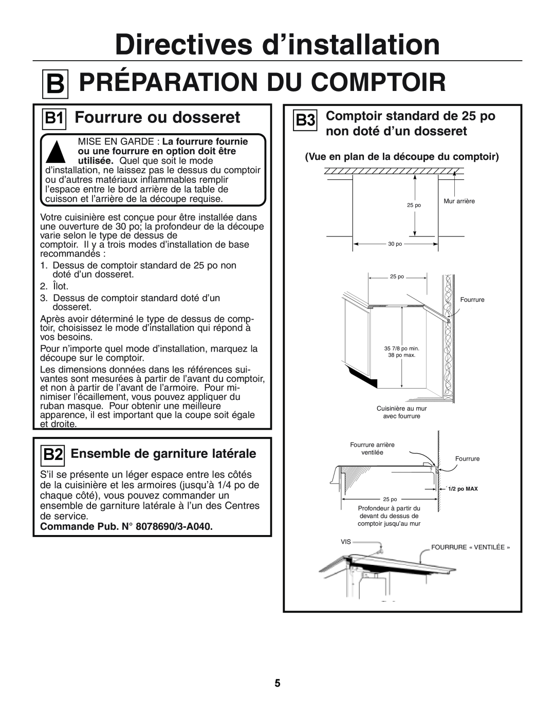 GE JGSP44 manual PRÉPARATIONreparing the Counter DU COMPTOIR, B2 Ensemble de garniture latérale, Top view of counter cutout 