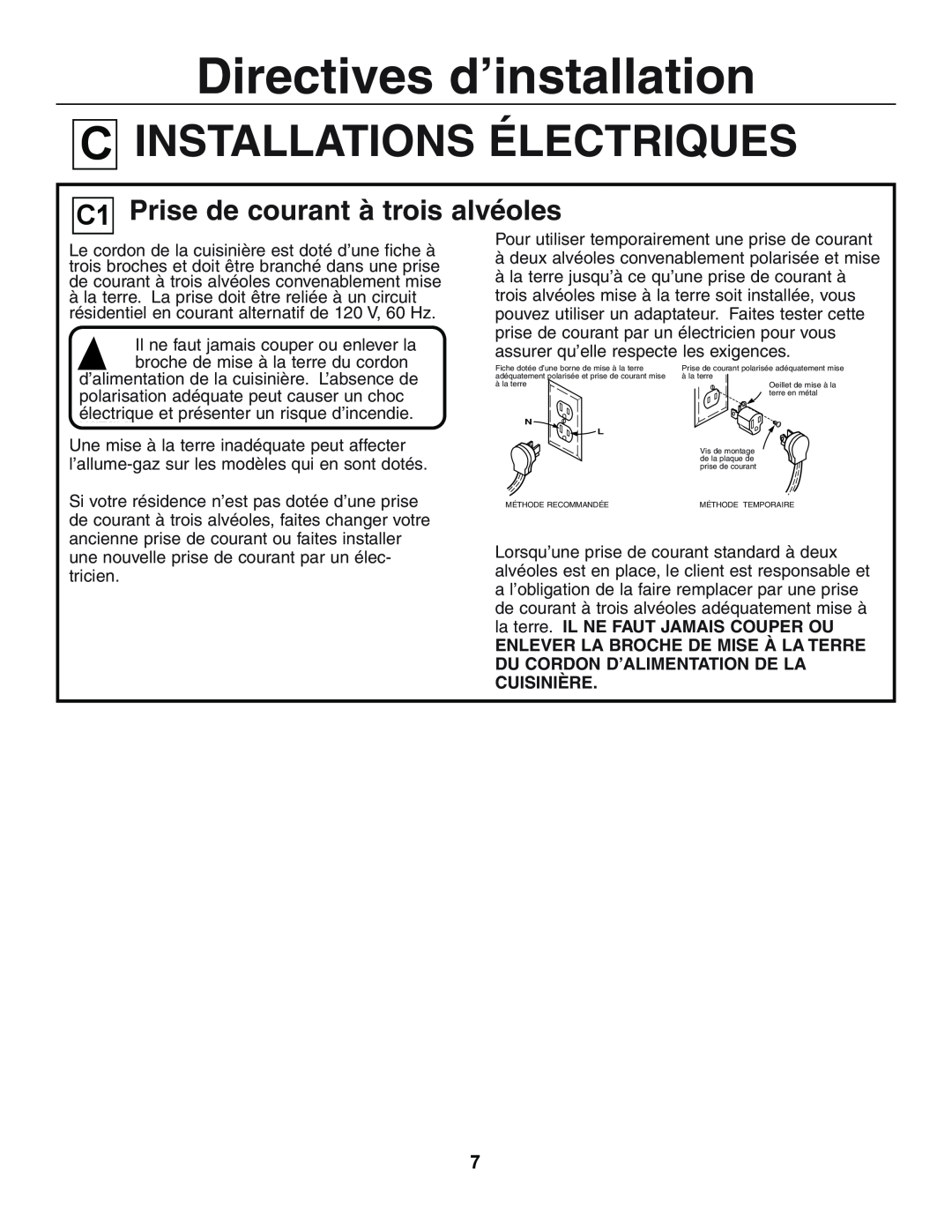 GE JGSP44 manual ElectricalINSTALLATIONSConnections ÉLECTRIQUES, Prise de courant à trois alvéoles, The Thr e-Prong Outlet 