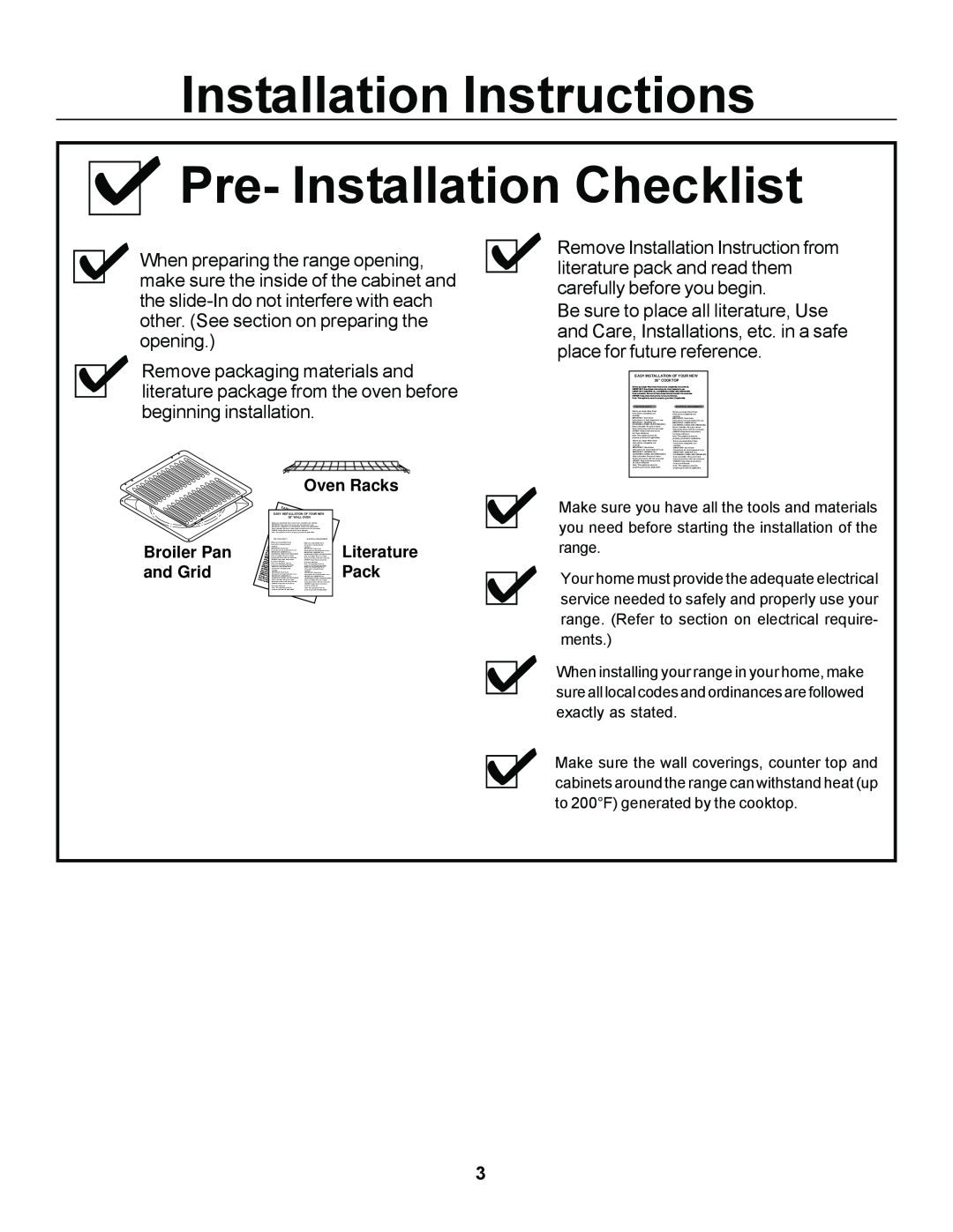 GE JGSP23, JGSP44 manual Installation Instructions Pre- Installation Checklist, Oven Racks, Pack 