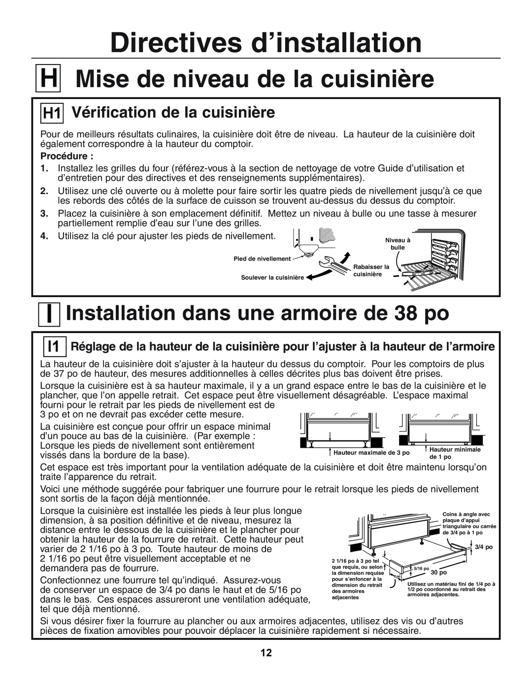 GE JGSP23 manual VérificationChecking the Rangede la cuisinière, LevelingMise detheniveauRange de la cuisinière, Procédure 
