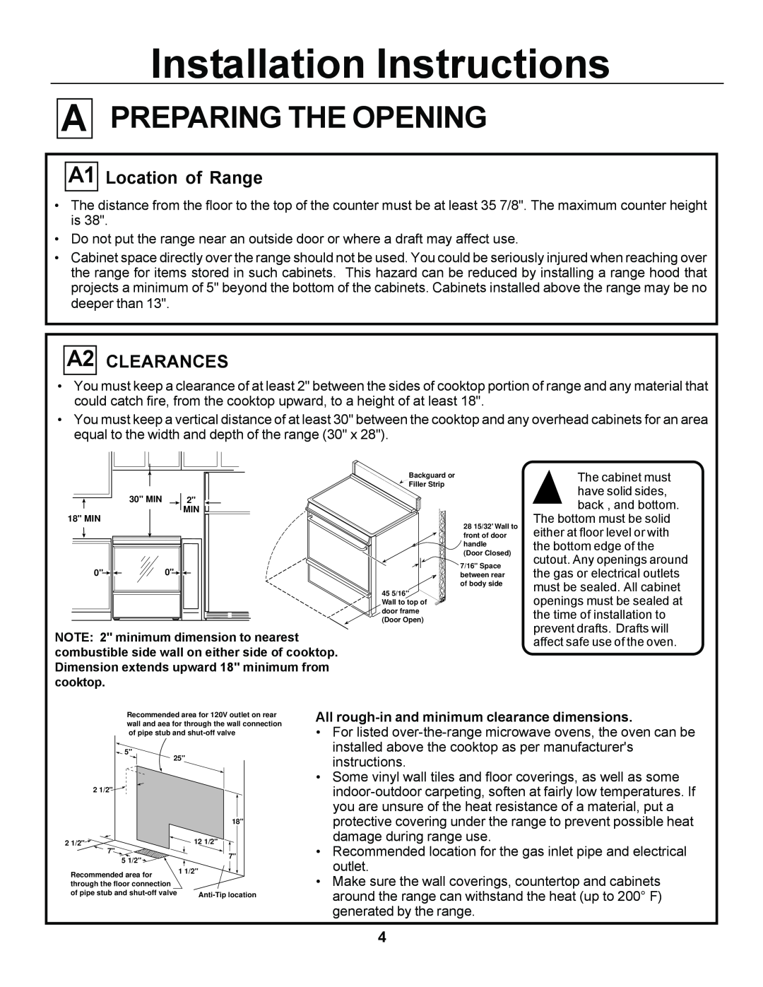 GE JGSP44, JGSP23 manual Preparing The Opening, Location of Range, Clearances, Installation Instructions 