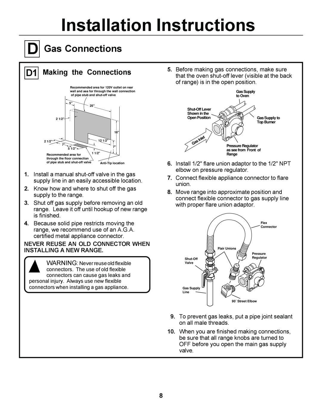GE JGSP44, JGSP23 manual Gas Connections, D1 Making the Connections, Installation Instructions 