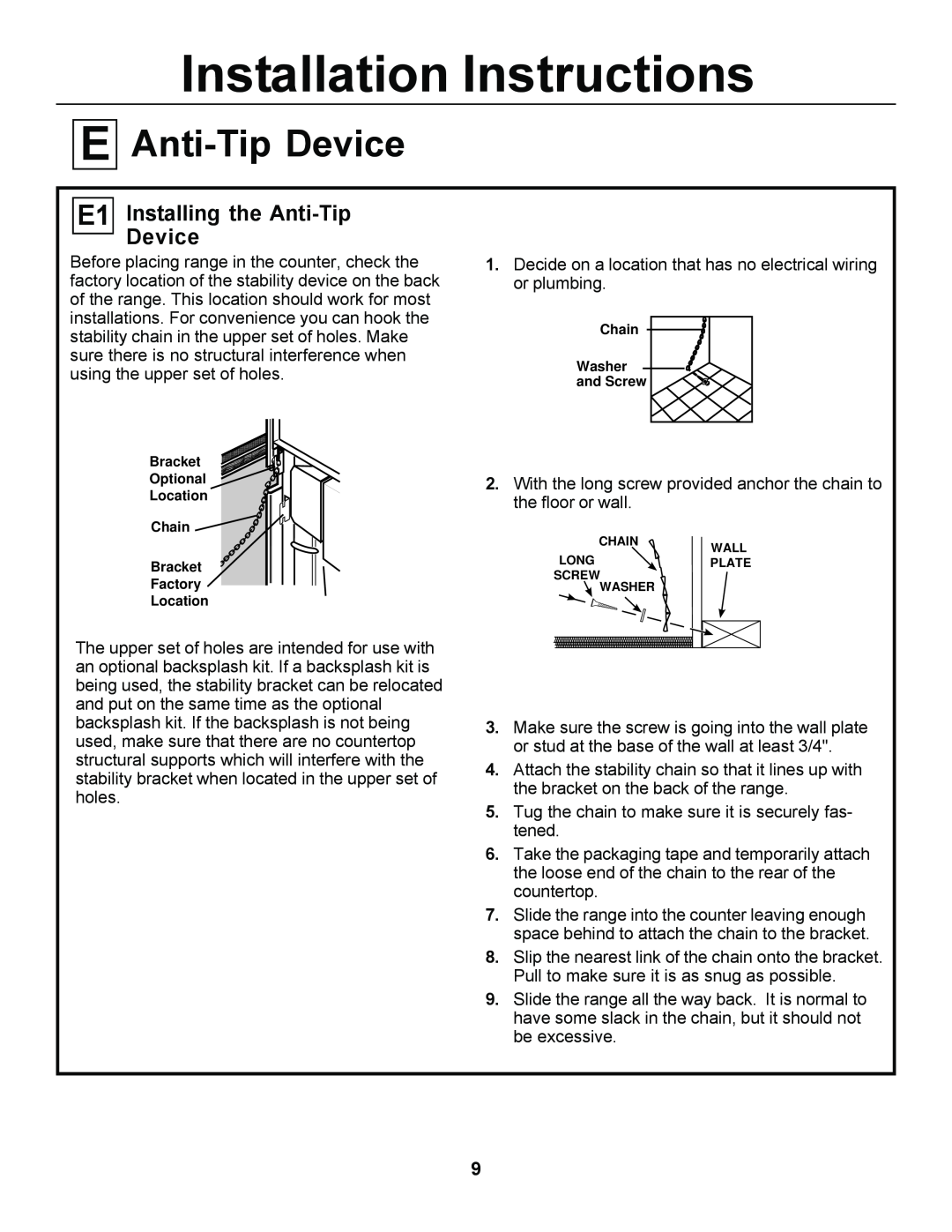 GE JGSP23, JGSP44 manual Anti-Tip Device, E1 InstallingDevice the Anti-Tip, Installation Instructions 