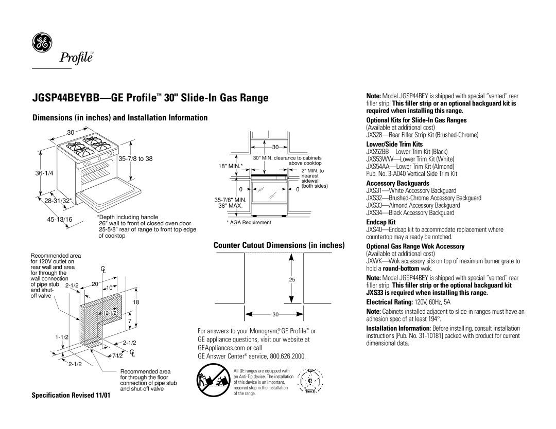 GE JGSP44BEY dimensions Lower/Side Trim Kits, Accessory Backguards, Endcap Kit, Specification Revised 11/01 