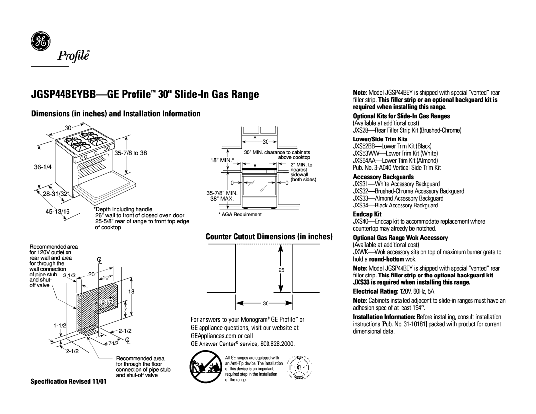 GE dimensions JGSP44BEYBB-GEProfile 30 Slide-InGas Range, Dimensions in inches and Installation Information, Endcap Kit 
