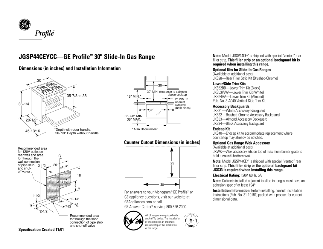 GE 31-10181, JGSP44CEY dimensions Lower/Side Trim Kits, Accessory Backguards, Endcap Kit, Specification Created 11/01 