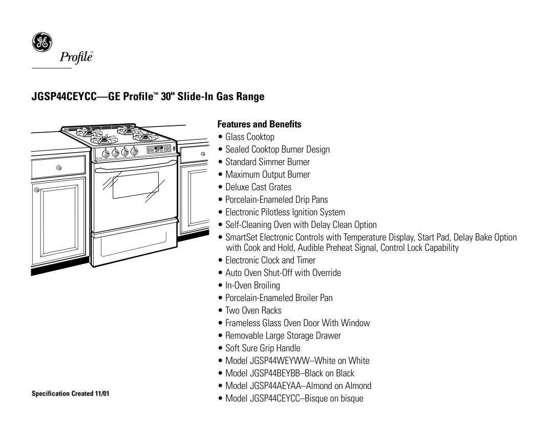 GE JGSP44CEY, 31-10181 dimensions Features and Benefits 