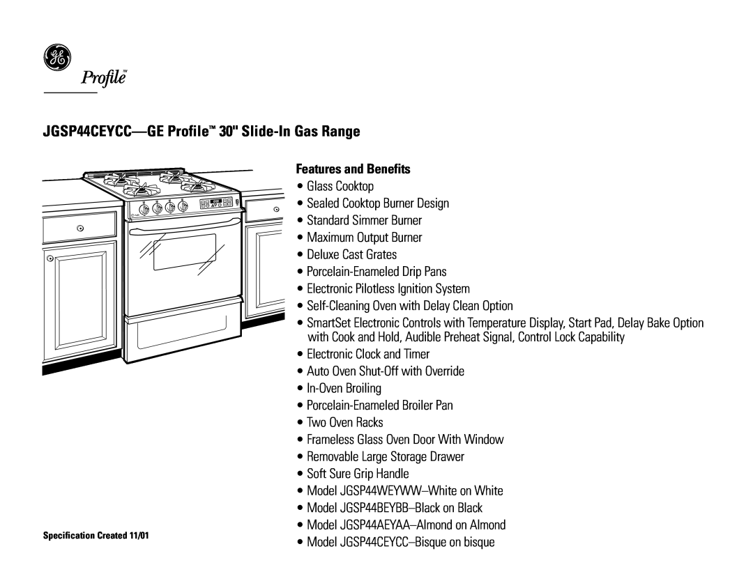 GE 31-10181 dimensions JGSP44CEYCC-GE Profile 30 Slide-In Gas Range, Features and Benefits 