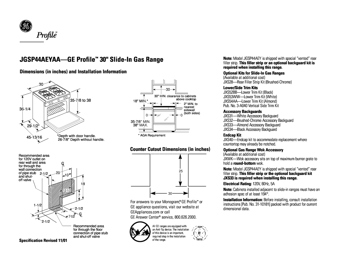 GE JGSP44CEYC dimensions JGSP44AEYAA-GE Profile 30 Slide-In Gas Range, Dimensions in inches and Installation Information 