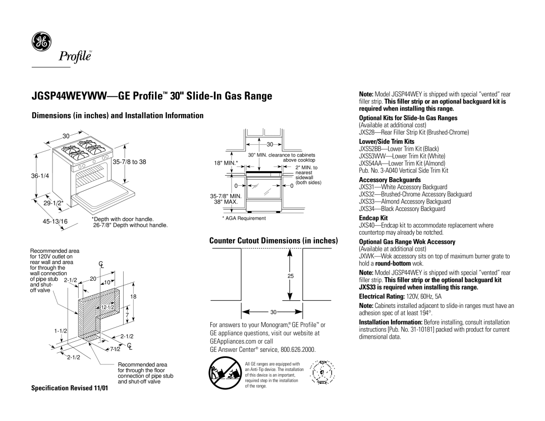 GE JGSP44CEYCC, JGSP44WEYWW dimensions Lower/Side Trim Kits, Accessory Backguards, Endcap Kit, Specification Revised 11/01 