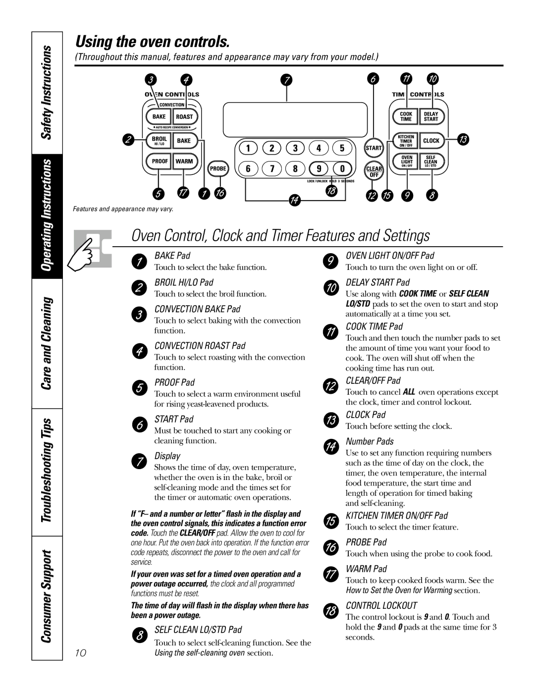 GE JGSP48 owner manual Using the oven controls, Operating Instructions Safety Instructions, Self Clean LO/STD Pad 