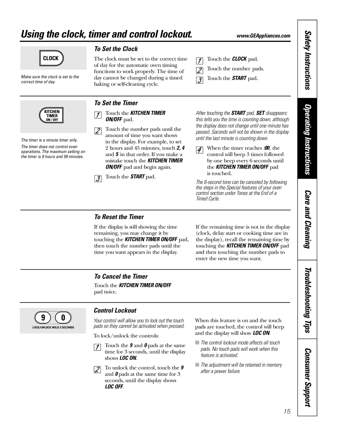 GE JGSP48 owner manual Using the clock, timer and control lockout, Cleaning, Operating Instructions Care 