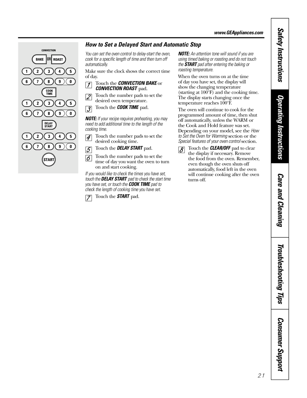 GE JGSP48 owner manual How to Set a Delayed Start and Automatic Stop, Touch the Convection Bake or Convection Roast pad 