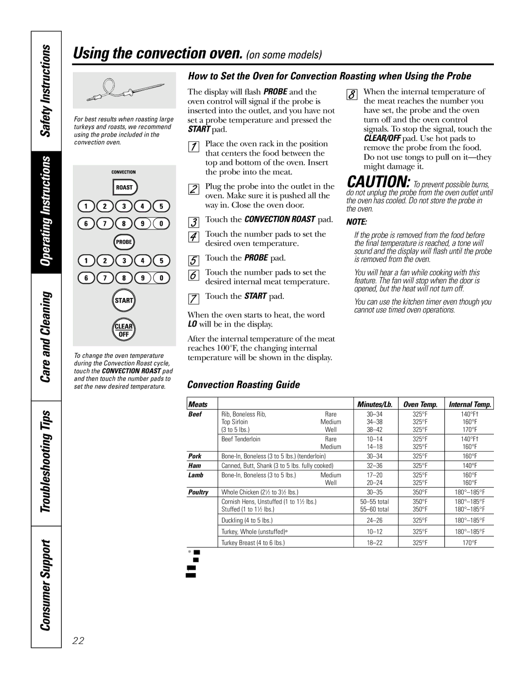 GE JGSP48 owner manual Care and Cleaning Operating Instructions Safety, Convection Roasting Guide 