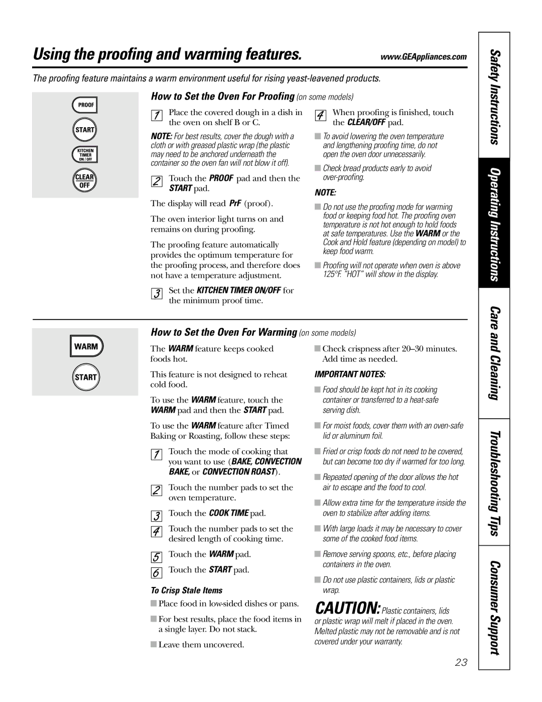 GE JGSP48 Using the proofing and warming features, Instructions Operating Instructions Care, To Crisp Stale Items 