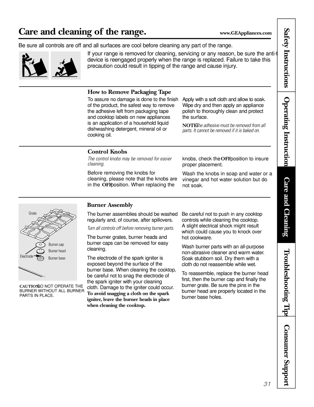 GE JGSP48 owner manual Care and cleaning of the range, How to Remove Packaging Tape, Control Knobs, Burner Assembly 