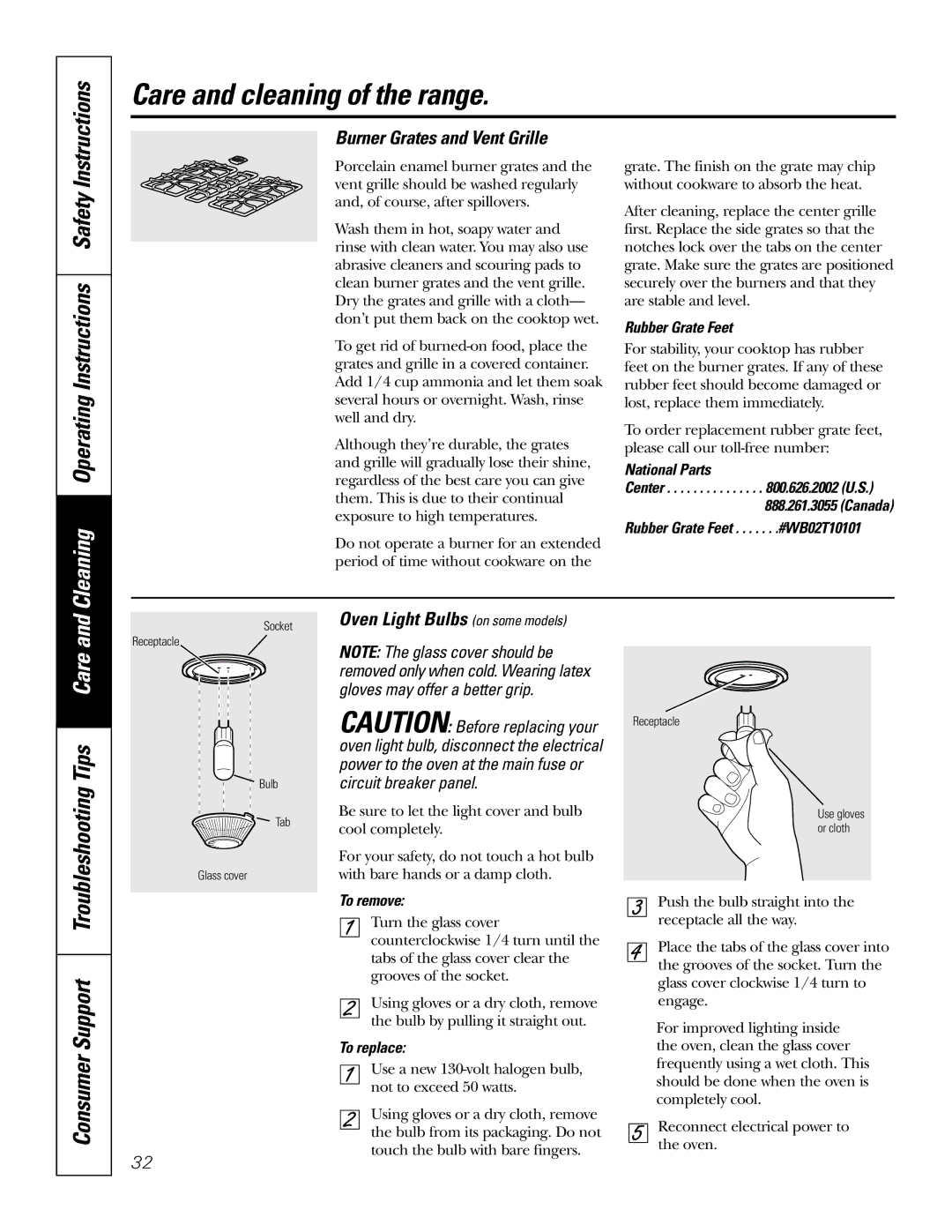 GE JGSP48 Cleaning Operating, Instructions Safety, Burner Grates and Vent Grille, Oven Light Bulbs on some models 