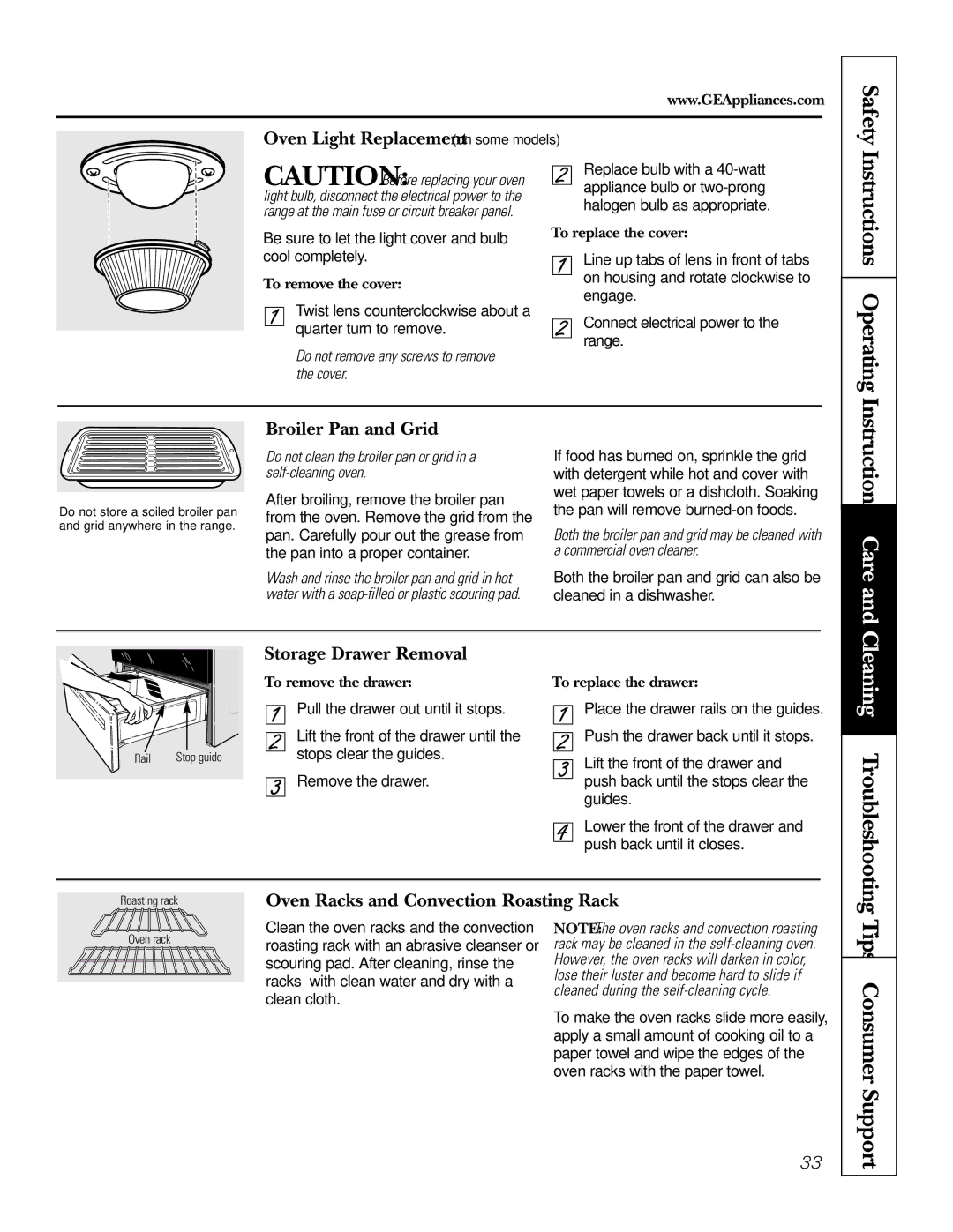 GE JGSP48 owner manual Instructions Operating, Tips Consumer Support, Broiler Pan and Grid, Storage Drawer Removal 