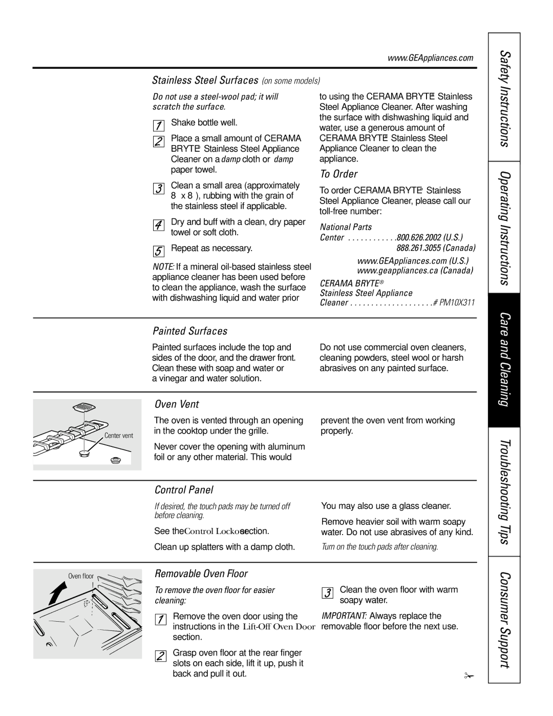 GE JGSP48 owner manual Cleaning Troubleshooting Tips Consumer Support, Instructions Operating Instructions Care 