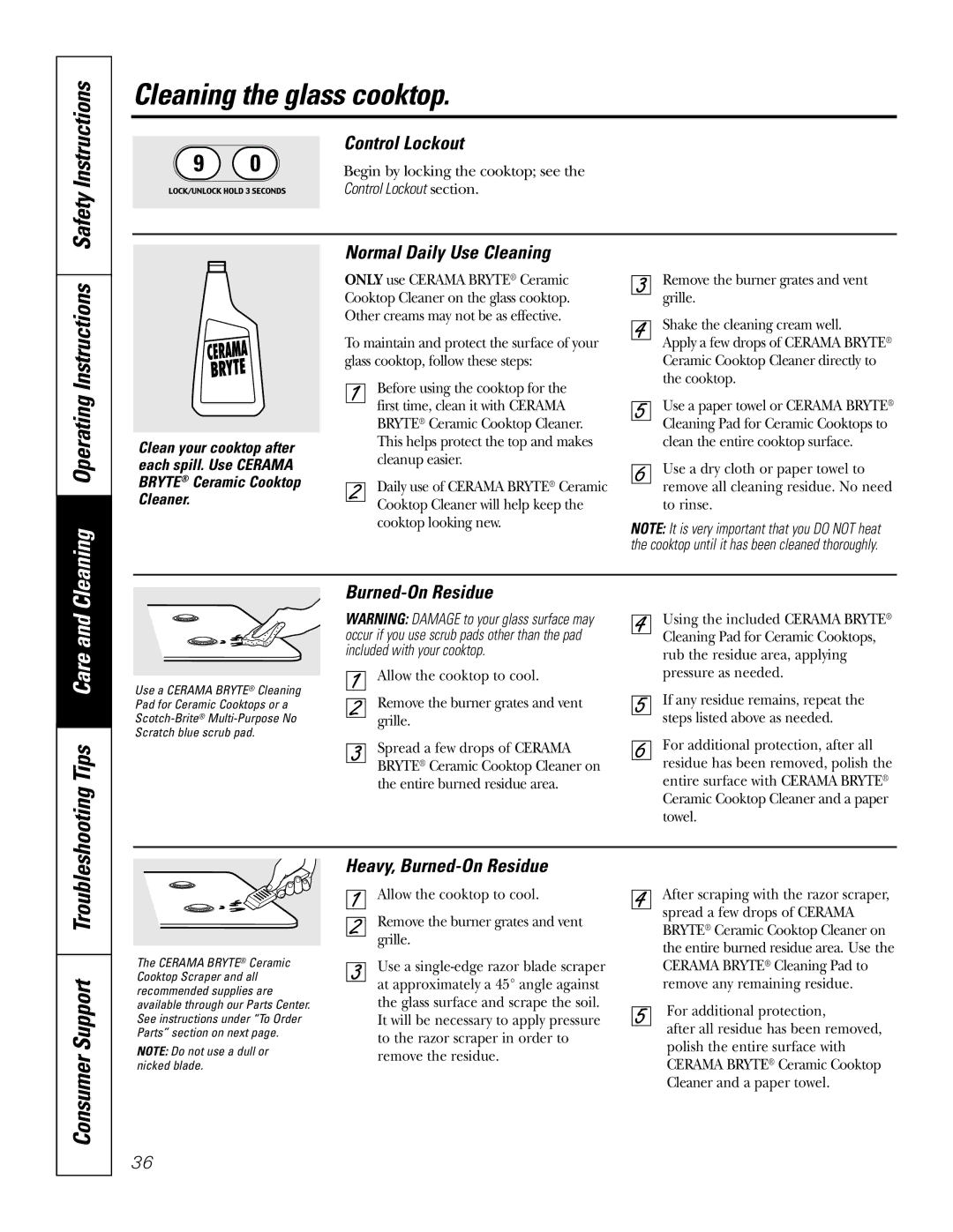 GE JGSP48 owner manual Cleaning the glass cooktop, Tips Care 