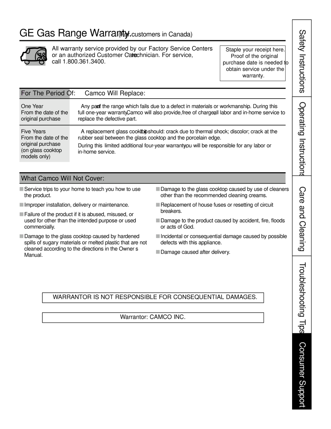 GE JGSP48 owner manual Tips Consumer Support, Camco Will Replace, What Camco Will Not Cover 