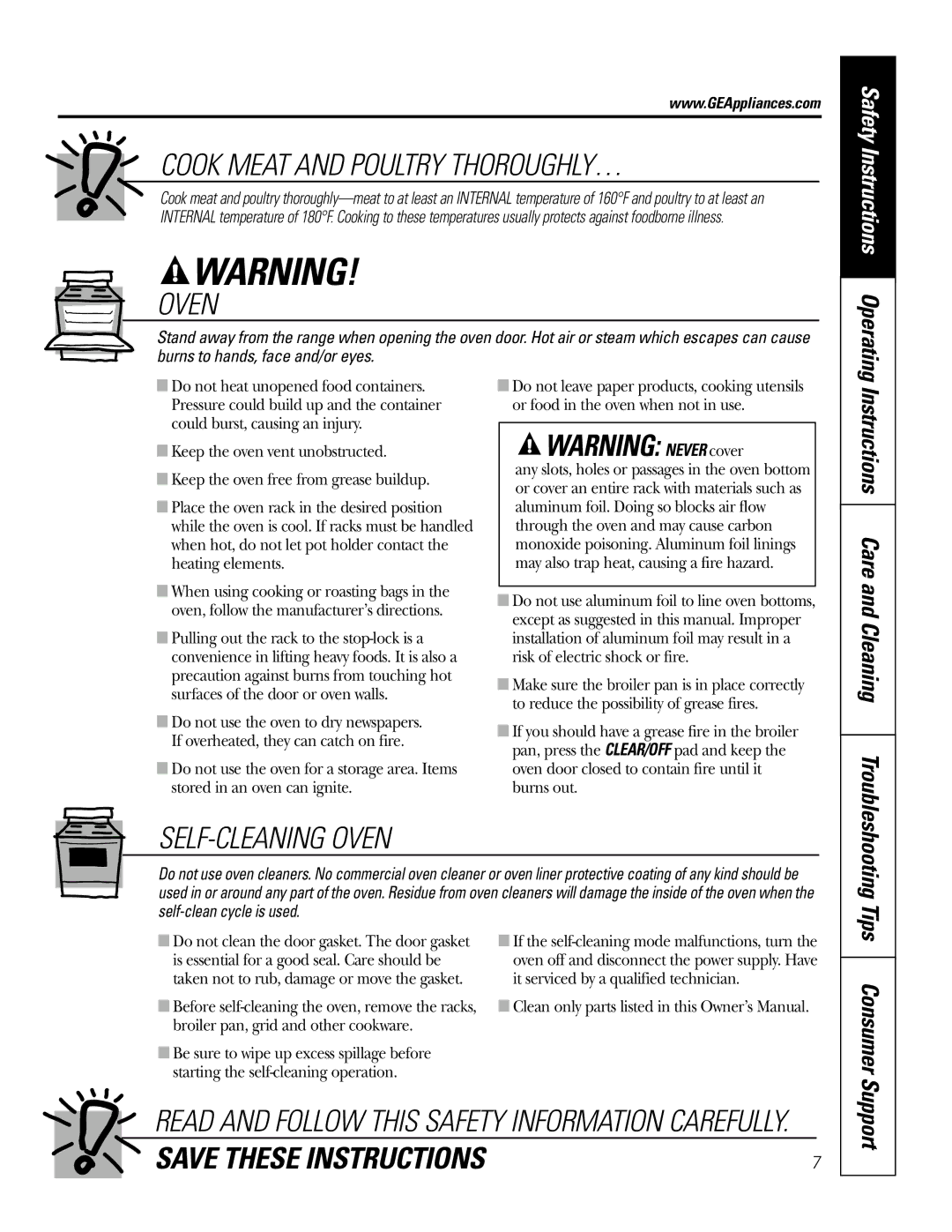 GE JGSP48 owner manual Consumer, Support, Safety Instructions Operating, Instructions Care and Cleaning Troubleshooting 