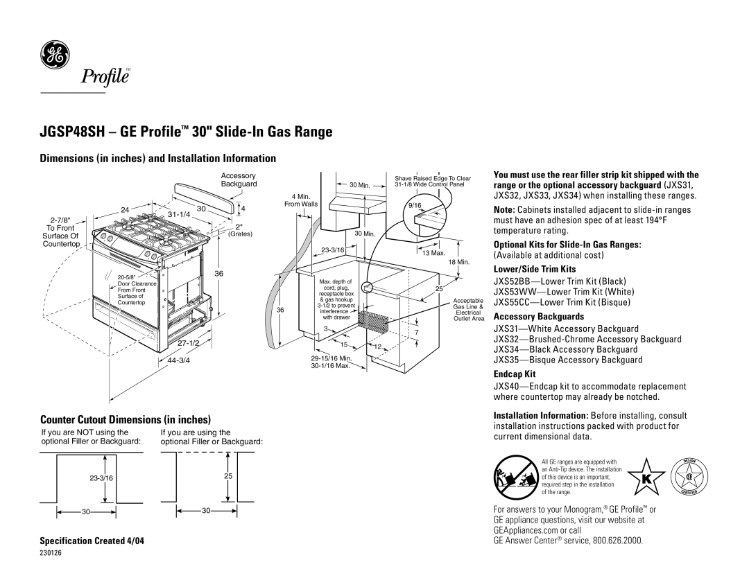 GE dimensions JGSP48SH GE Profile 30 Slide-In Gas Range, Dimensions in inches and Installation Information 