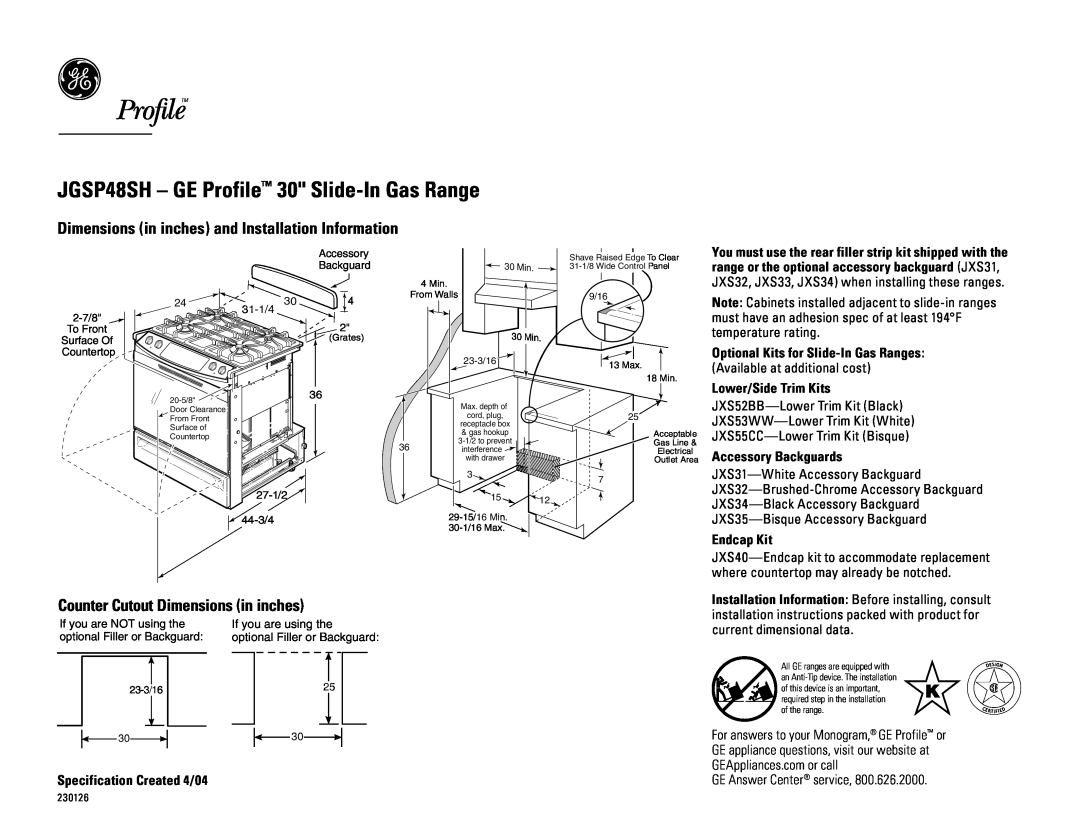 GE dimensions JGSP48SH - GE Profile 30 Slide-In Gas Range, Dimensions in inches and Installation Information 
