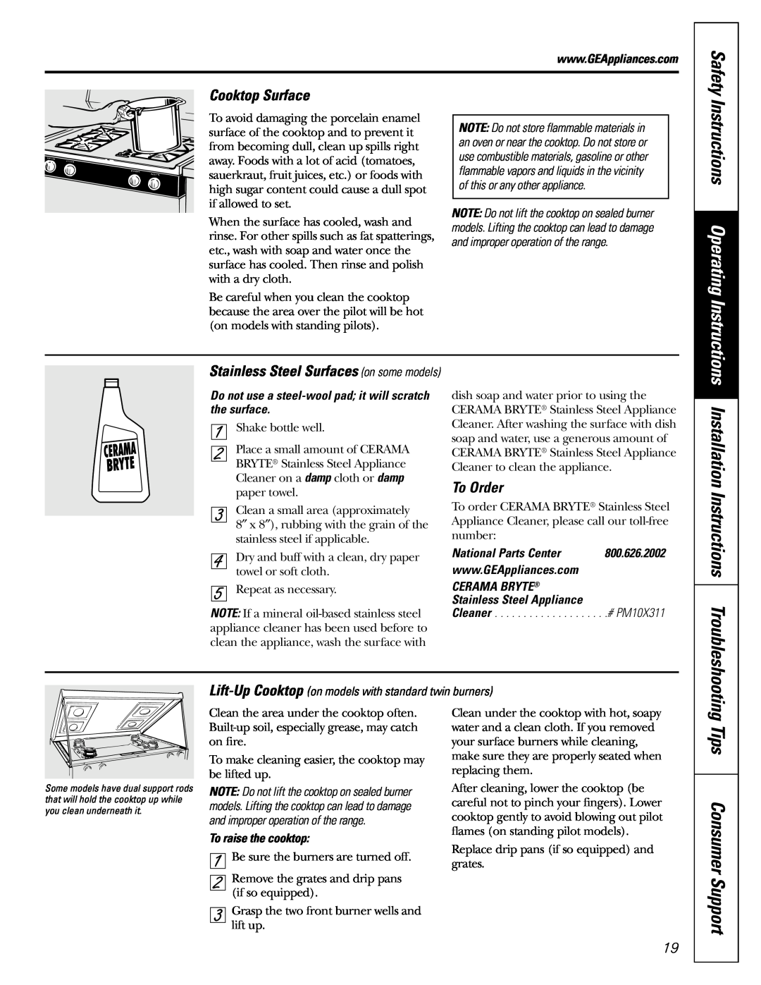 GE JGBS21 Cooktop Surface, To Order, Safety, Tips Consumer Support, Instructions Operating Instructions, 800.626.2002 