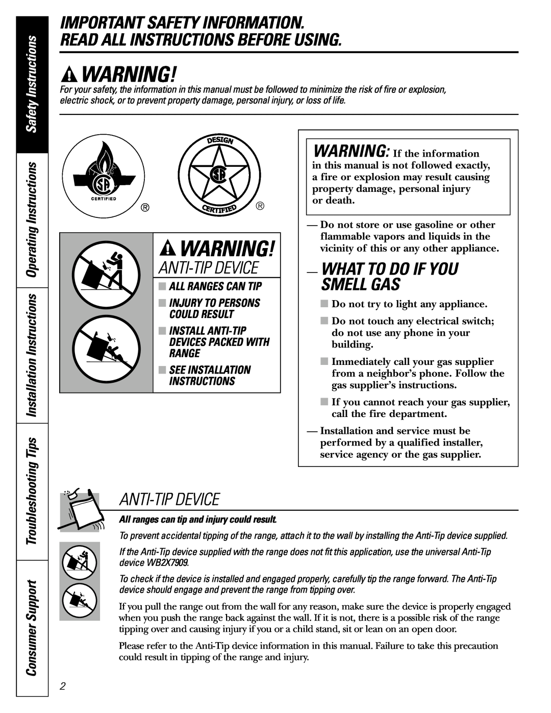 GE RGB540 Important Safety Information Read All Instructions Before Using, Anti-Tip Device, What To Do If You Smell Gas 