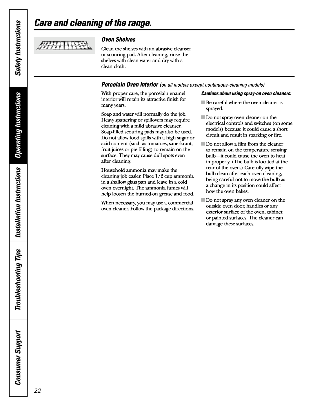 GE JGBS22 Oven Shelves, Care and cleaning of the range, Safety Instructions, Cautions about using spray-on oven cleaners 