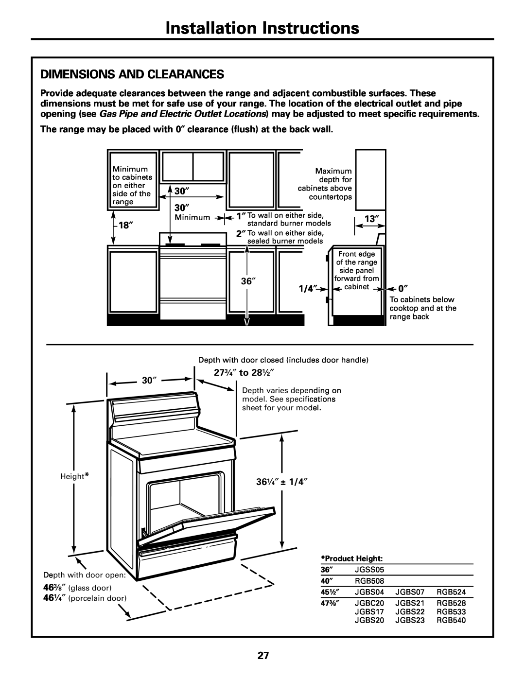 GE RGB533, JGSS05 Dimensions And Clearances, Installation Instructions, 36 ″, 1/4 ″, 273⁄4″ to 281⁄2″, 361⁄4″ ± 1/4″ 