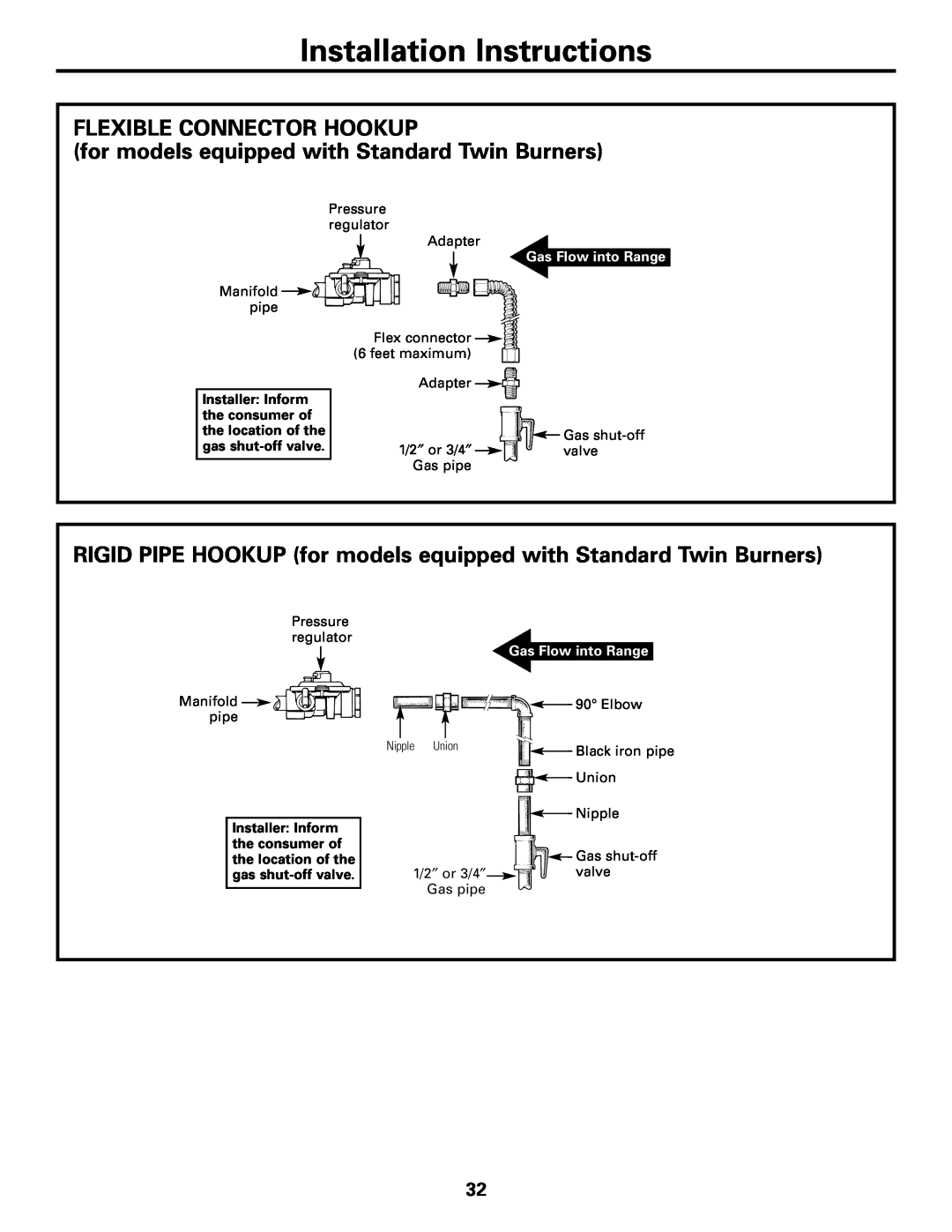 GE JGBS21, JGSS05 Flexible Connector Hookup, for models equipped with Standard Twin Burners, Installation Instructions 