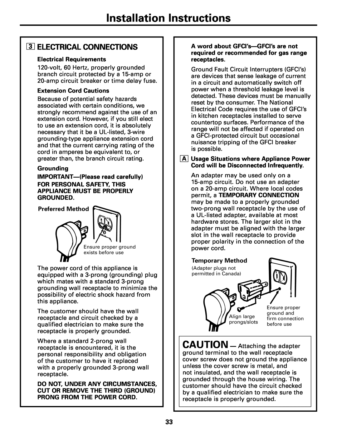 GE JGBS23, JGSS05 Electrical Connections, Installation Instructions, Electrical Requirements, Extension Cord Cautions 