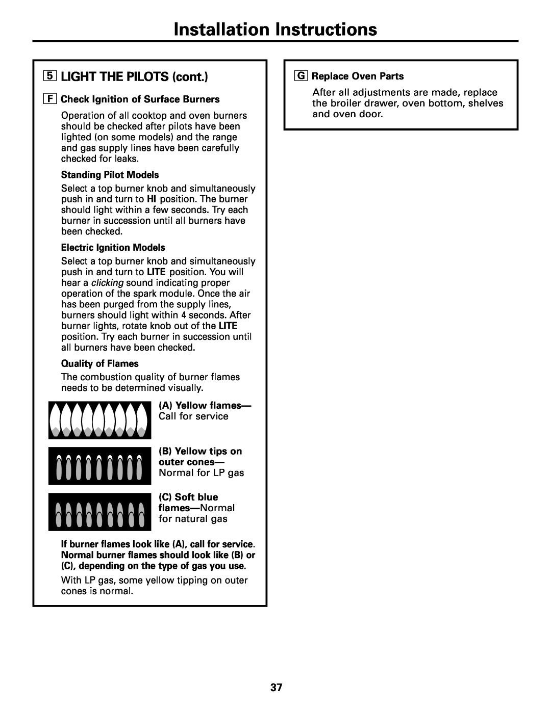 GE JGBS07 Installation Instructions, LIGHT THE PILOTS cont, F Check Ignition of Surface Burners, Standing Pilot Models 