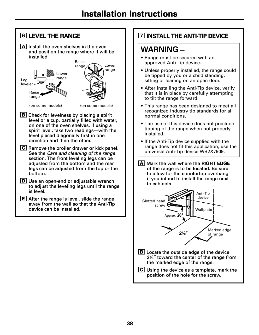 GE JGBS04, JGSS05, RGB533, RGB540, RGB528 Level The Range, Install The Anti-Tip Device, Installation Instructions, 2 1⁄ 8 ″ 