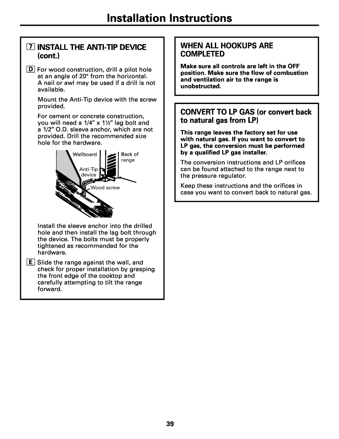 GE JGSS05, RGB533, RGB540 INSTALL THE ANTI-TIP DEVICE cont, When All Hookups Are Completed, Installation Instructions 