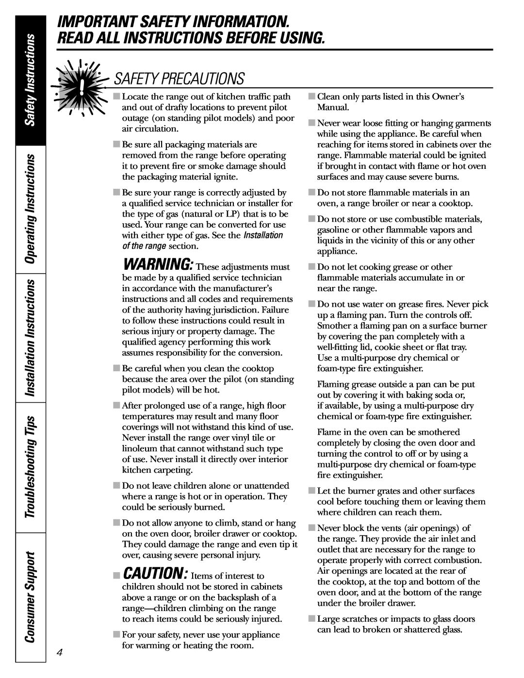 GE RGB524, JGSS05 Important Safety Information. Read All Instructions Before Using, Operating Instructions Safety 