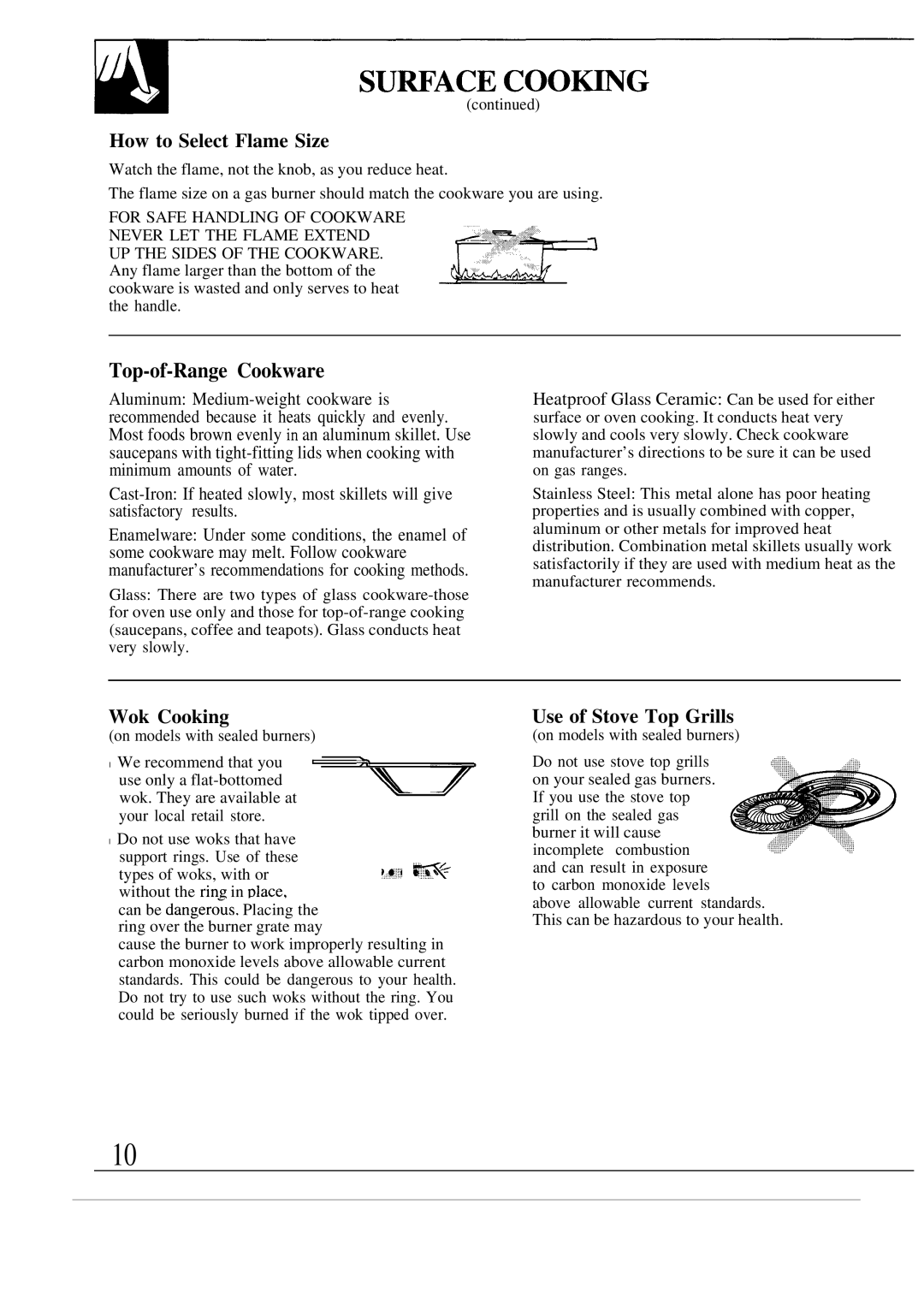 GE JGBS04ER, JGSS05GES, JGSS05GER Top-of-Range Cookware, How to Select Flame Size, Wok Cooking, Use of Stove Top Grills 