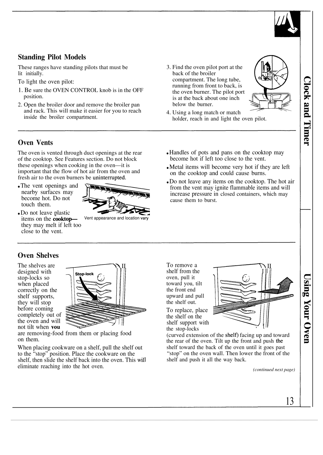 GE JGBS04GPR, JGSS05GES Oven Vents, Oven Shelves, To light the oven pilot, To replace, place Shelf on Shelf support with 