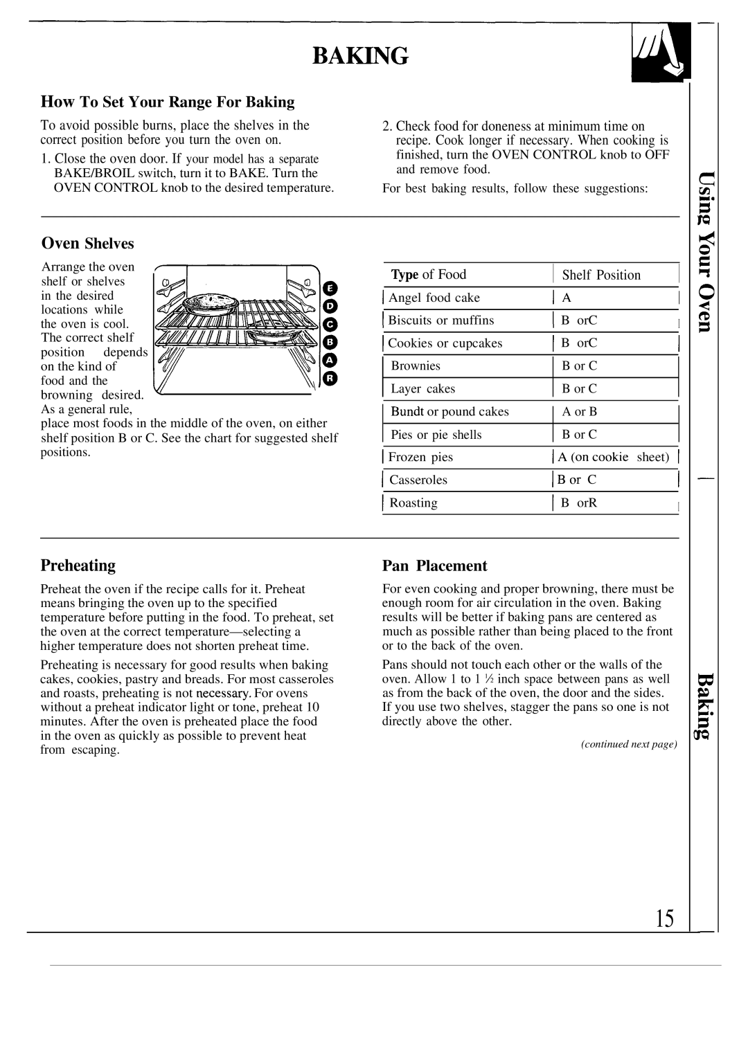 GE JGBS02PN manual Preheating, How To Set Your Range For Baking, Oven Shelves, Pan Placement, ~pe of Food Shelf Position 