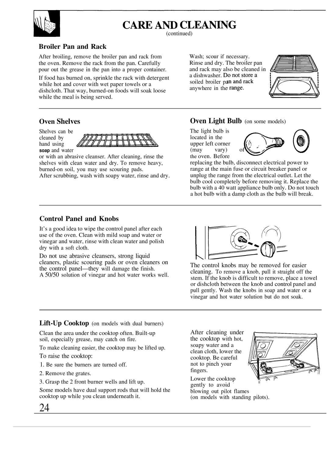 GE JGBS18GES, JGSS05GES manual CA~ Am CLEA~G, Oven Light Bulb on some models, Broiler Pan and Rack, Control Panel and Knobs 