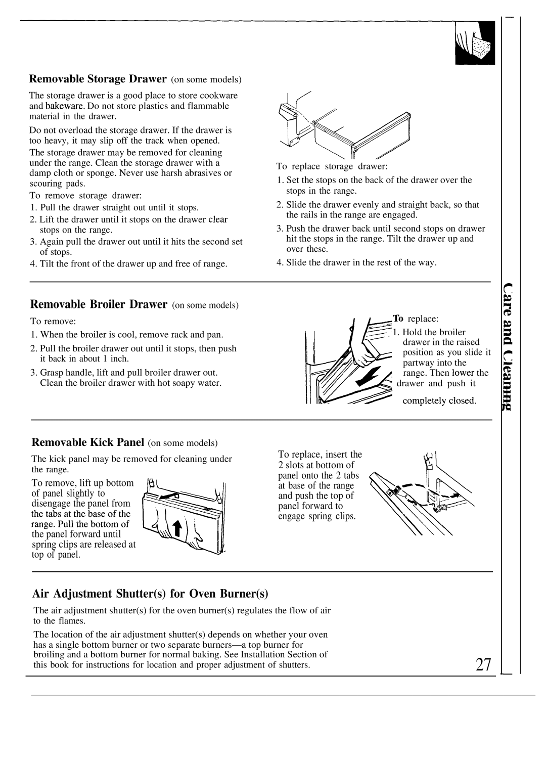 GE JGBS04ER, JGSS05GES, JGSS05GER manual Removable Broiler Drawer on some models, Air Adjustment Shutters for Oven Burners 