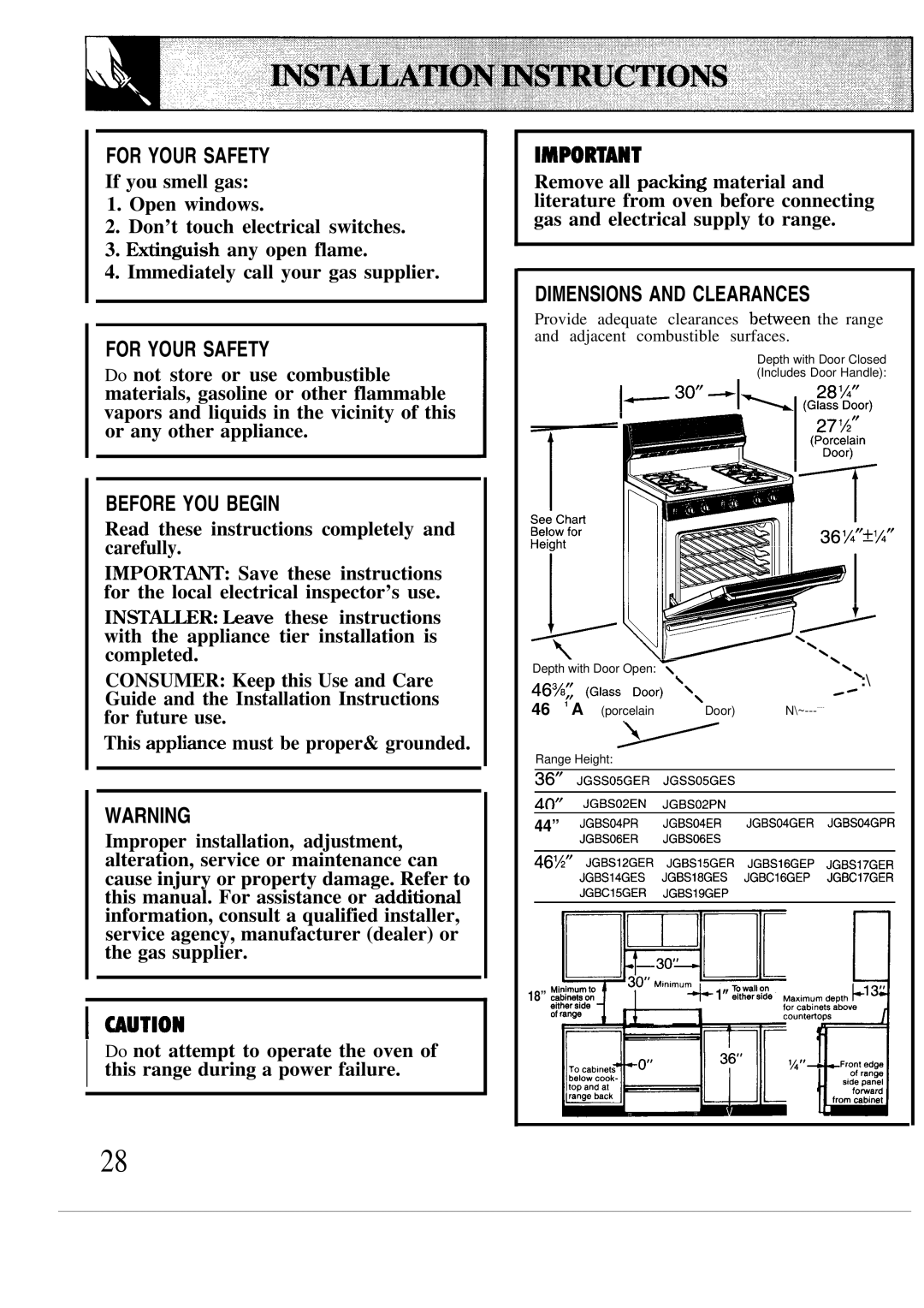 GE JGBS04GER, JGSS05GES, JGSS05GER, JGBS15GER, JGBS12GER, JGBS06ES, JGBS19GEP, JGBS06ER, JGBS18GES, JGBS17GER manual For Your Safety 