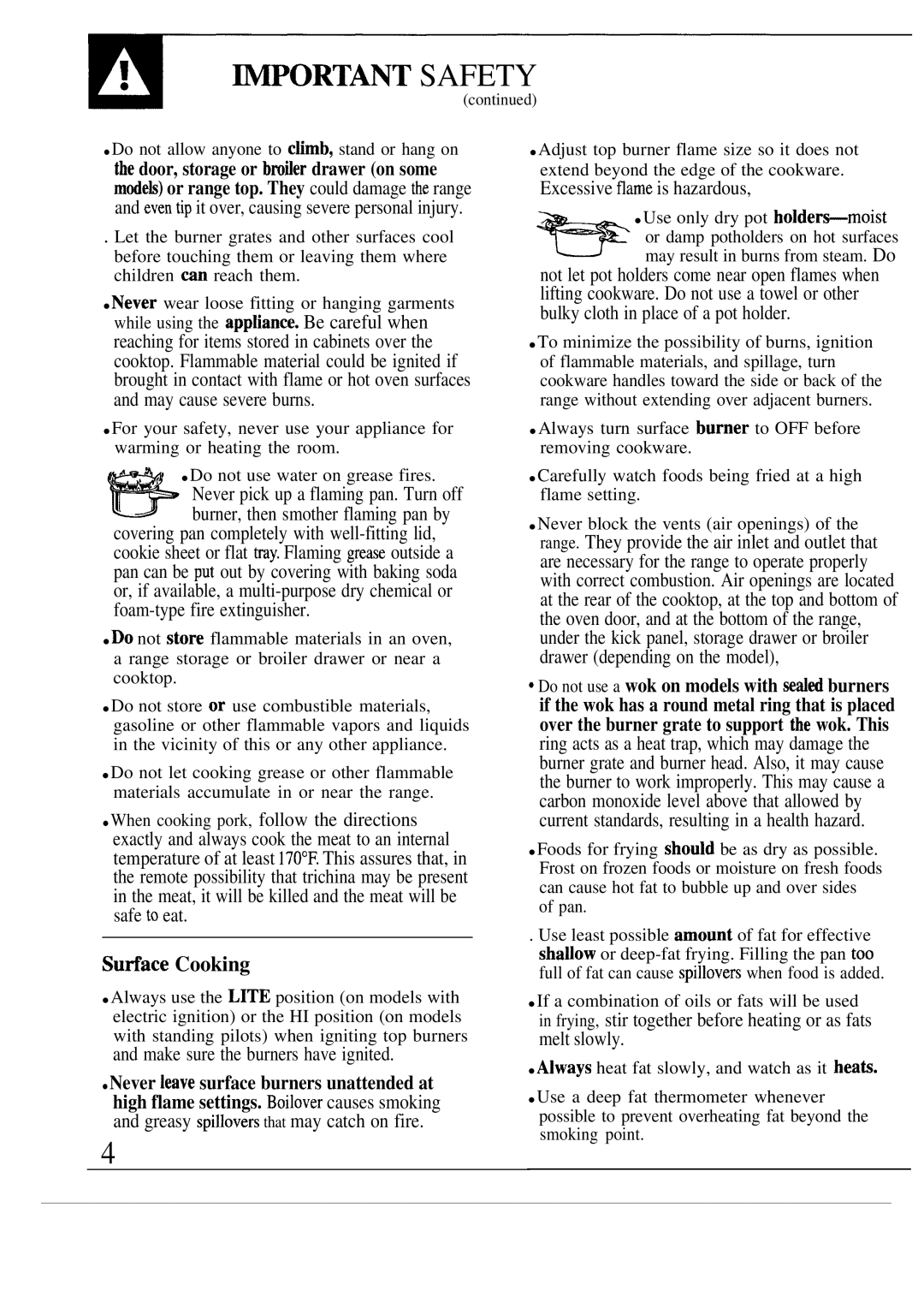 GE JGBS06ES Wortant Safety ~STRUCTIONS, Sutiace Cooking, Make sure the burners have ignited, Excessive flame is hazardous 